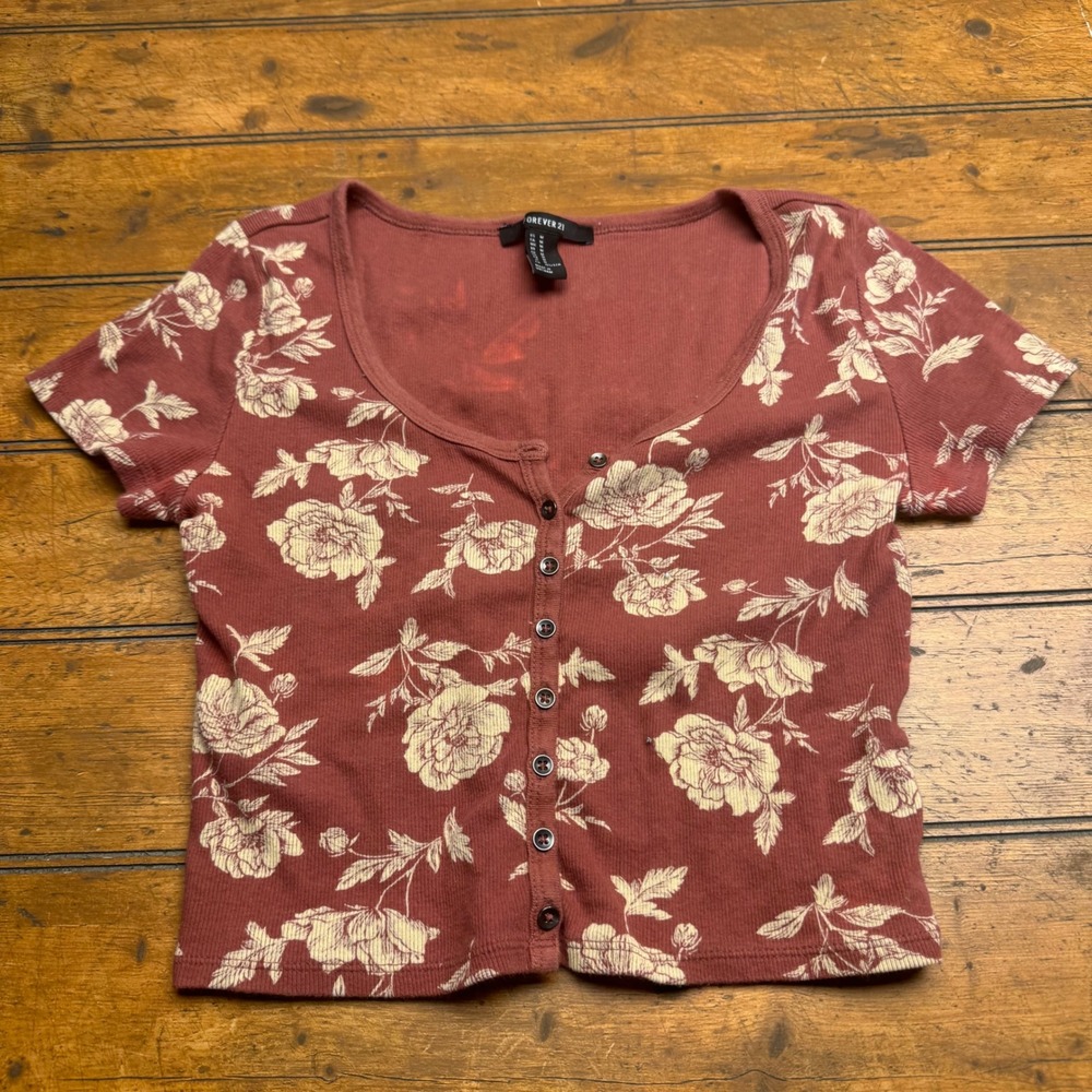 Forever 21 Floral Button Up Crop Top Rust Beige Short Sleeve Women's‎ M